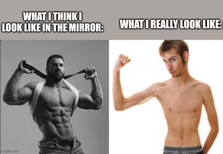 Reality hurts | WHAT I REALLY LOOK LIKE:; WHAT I THINK I LOOK LIKE IN THE MIRROR: | image tagged in chad,scrawny,body,image,expectation vs reality | made w/ Imgflip meme maker