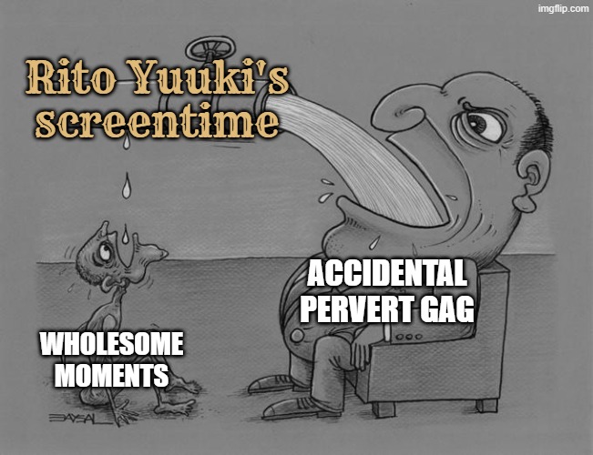 he could have had moments as wholesome like outer moka.  (Rosario + Vampire meme 7? if that counts) | Rito Yuuki's screentime; ACCIDENTAL PERVERT GAG; WHOLESOME MOMENTS | image tagged in greedy pipe man,to love ru,anime,rosario vampire,moka,wholesome | made w/ Imgflip meme maker