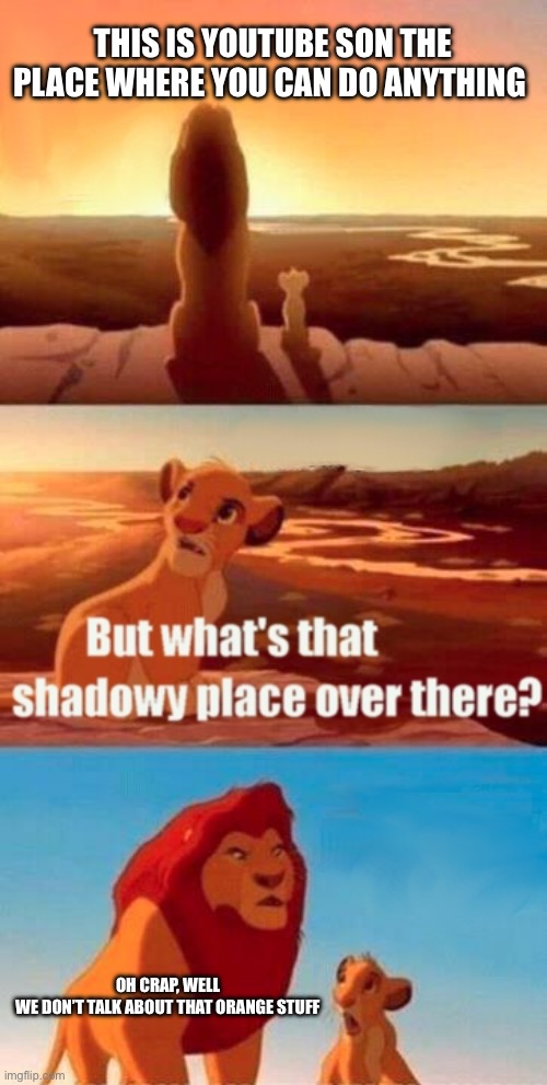 The dark corners of YouTube | THIS IS YOUTUBE SON THE PLACE WHERE YOU CAN DO ANYTHING; OH CRAP, WELL WE DON’T TALK ABOUT THAT ORANGE STUFF | image tagged in memes,simba shadowy place | made w/ Imgflip meme maker