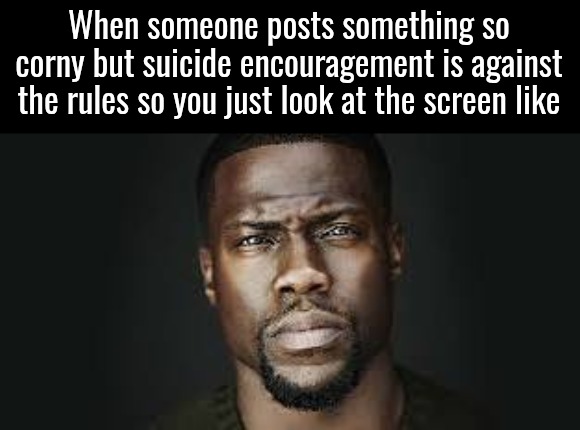 . | When someone posts something so corny but suicide encouragement is against the rules so you just look at the screen like | image tagged in kevin hart stare | made w/ Imgflip meme maker