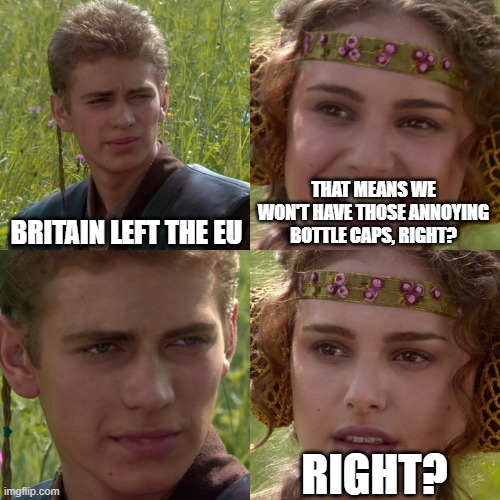 bottlecaps | THAT MEANS WE WON'T HAVE THOSE ANNOYING BOTTLE CAPS, RIGHT? BRITAIN LEFT THE EU; RIGHT? | image tagged in anakin padme 4 panel | made w/ Imgflip meme maker