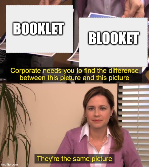 booklet vs blooket | BOOKLET; BLOOKET | image tagged in there the same picture | made w/ Imgflip meme maker
