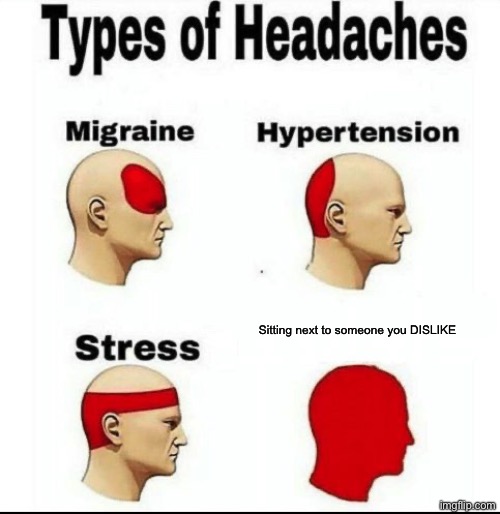 this happens almost everyday, I get uncomfortable | Sitting next to someone you DISLIKE | image tagged in types of headaches meme,imgflip,is,anybody,reading,this | made w/ Imgflip meme maker