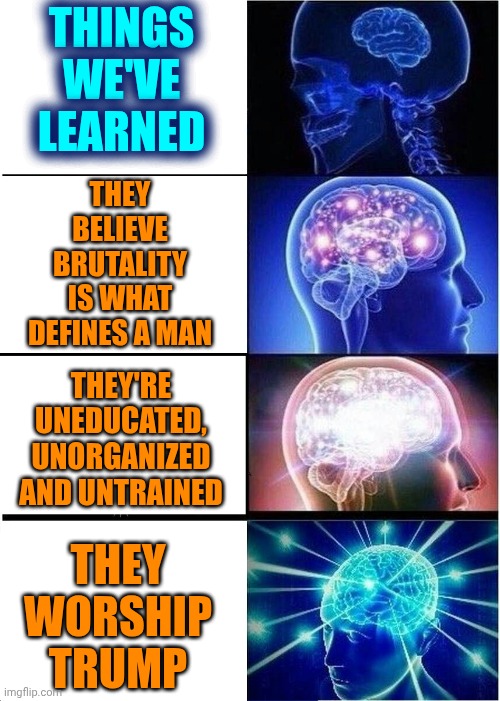 When Trump Is No More Evangelicals Will Try To Make This A Conservative Hypocrites  Paradice Where Men Destroy Everything | THINGS WE'VE LEARNED; THEY BELIEVE BRUTALITY IS WHAT DEFINES A MAN; THEY'RE UNEDUCATED, UNORGANIZED AND UNTRAINED; THEY WORSHIP TRUMP | image tagged in memes,expanding brain,maga,nazis,trump unfit unqualified dangerous,lock them up | made w/ Imgflip meme maker