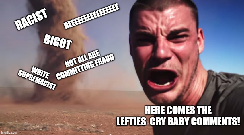 RACIST BIGOT NOT ALL ARE COMMITTING FRAUD WHITE SUPREMACIST HERE COMES THE LEFTIES  CRY BABY COMMENTS! REEEEEEEEEEEEEEEE | image tagged in here it comes | made w/ Imgflip meme maker