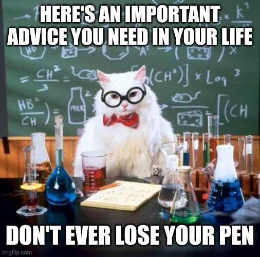Image Title | HERE'S AN IMPORTANT ADVICE YOU NEED IN YOUR LIFE; DON'T EVER LOSE YOUR PEN | image tagged in memes,chemistry cat,pen,funny | made w/ Imgflip meme maker