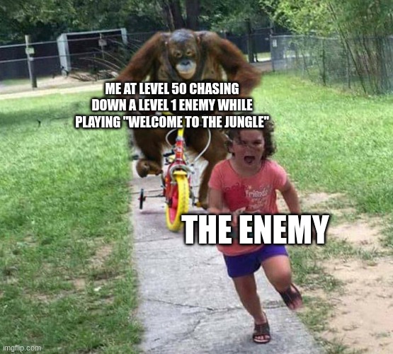 Run! | ME AT LEVEL 50 CHASING DOWN A LEVEL 1 ENEMY WHILE PLAYING "WELCOME TO THE JUNGLE"; THE ENEMY | image tagged in run,video games | made w/ Imgflip meme maker