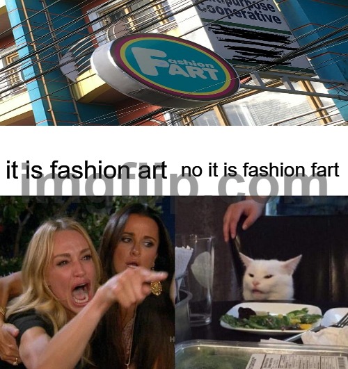 fashion fart | it is fashion art; no it is fashion fart | image tagged in memes,woman yelling at cat | made w/ Imgflip meme maker