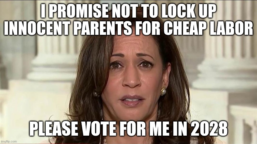 kamala harris | I PROMISE NOT TO LOCK UP INNOCENT PARENTS FOR CHEAP LABOR; PLEASE VOTE FOR ME IN 2028 | image tagged in kamala harris | made w/ Imgflip meme maker