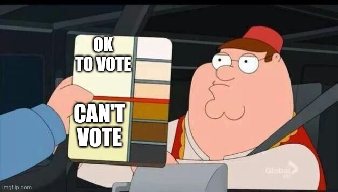 Peter Griffin skin color chart race terrorist blank | OK TO VOTE; CAN'T VOTE | image tagged in peter griffin skin color chart race terrorist blank | made w/ Imgflip meme maker