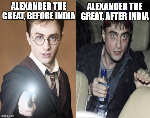 Alexander "Saw Some Things" | ALEXANDER THE GREAT, AFTER INDIA; ALEXANDER THE GREAT, BEFORE INDIA | image tagged in alexander the great | made w/ Imgflip meme maker