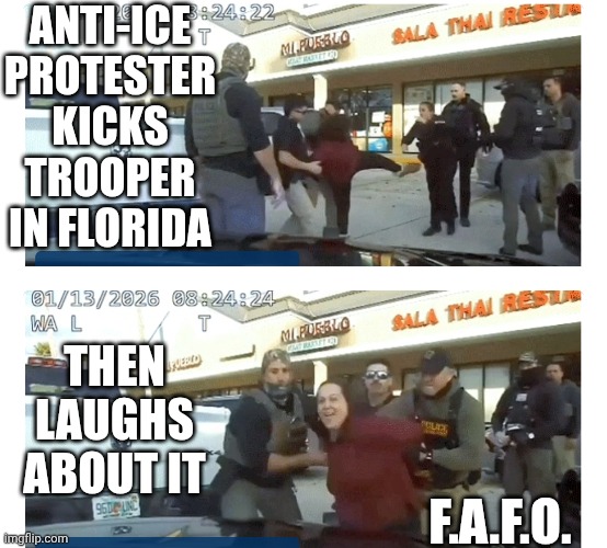 Assault an Officer, Go to Jail | ANTI-ICE PROTESTER KICKS TROOPER IN FLORIDA; THEN LAUGHS ABOUT IT; F.A.F.O. | image tagged in leftists,liberals,democrats,florida,ice,protesters | made w/ Imgflip meme maker
