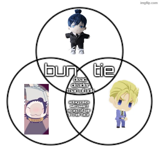 Ven diagram | tie; bun; dead. deader than uh idk; antagonists with weird strand of hair in their face | image tagged in ven diagram | made w/ Imgflip meme maker