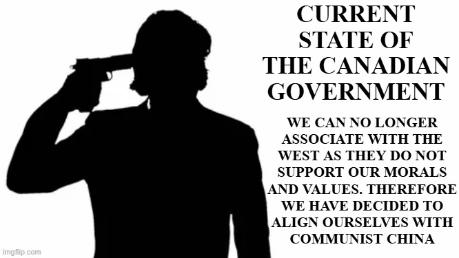 OH Canada What in the heck are you doing | CURRENT STATE OF THE CANADIAN GOVERNMENT; WE CAN NO LONGER
ASSOCIATE WITH THE
WEST AS THEY DO NOT
SUPPORT OUR MORALS
AND VALUES. THEREFORE
WE HAVE DECIDED TO
ALIGN OURSELVES WITH
COMMUNIST CHINA | image tagged in china,canada,tariffs,communist,oh canada,trump | made w/ Imgflip meme maker