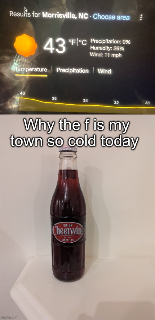 Why the f is my town so cold today | image tagged in cheerwine | made w/ Imgflip meme maker