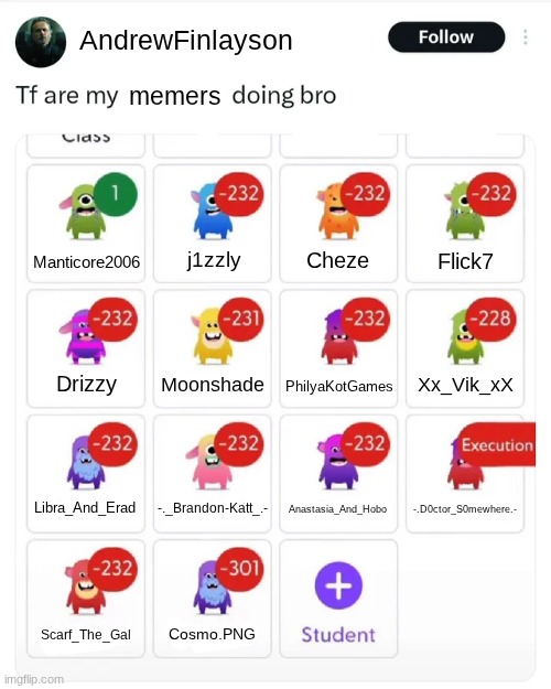 Chances are I'm gonna get post banned for a while for posting this one but it was too funny of an idea to NOT post it | AndrewFinlayson; memers; Cheze; j1zzly; Flick7; Manticore2006; Moonshade; Drizzy; Xx_Vik_xX; PhilyaKotGames; -.D0ctor_S0mewhere.-; Anastasia_And_Hobo; -._Brandon-Katt_.-; Libra_And_Erad; Cosmo.PNG; Scarf_The_Gal | image tagged in e | made w/ Imgflip meme maker