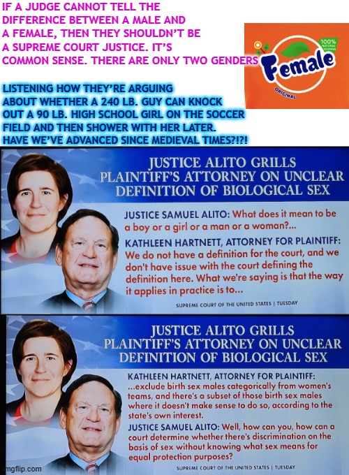 It's misogyny in it's most brutal form | IF A JUDGE CANNOT TELL THE DIFFERENCE BETWEEN A MALE AND A FEMALE, THEN THEY SHOULDN’T BE A SUPREME COURT JUSTICE. IT’S COMMON SENSE. THERE ARE ONLY TWO GENDERS; LISTENING HOW THEY’RE ARGUING ABOUT WHETHER A 240 LB. GUY CAN KNOCK OUT A 90 LB. HIGH SCHOOL GIRL ON THE SOCCER FIELD AND THEN SHOWER WITH HER LATER.
HAVE WE’VE ADVANCED SINCE MEDIEVAL TIMES?!?! | image tagged in misogyny,female sports,fairness,biology,ketanji brown jackson | made w/ Imgflip meme maker