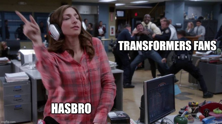 Gina unbothered headphones meme | TRANSFORMERS FANS; HASBRO | image tagged in gina unbothered headphones meme | made w/ Imgflip meme maker
