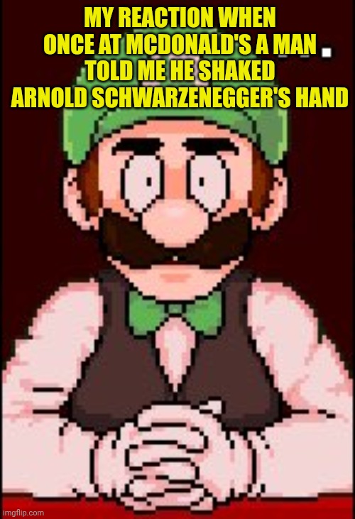 Speechless Luigi | MY REACTION WHEN ONCE AT MCDONALD'S A MAN TOLD ME HE SHAKED ARNOLD SCHWARZENEGGER'S HAND | image tagged in speechless luigi | made w/ Imgflip meme maker