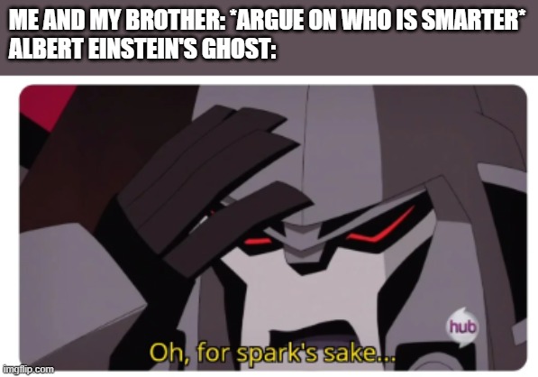 who is smarter | ME AND MY BROTHER: *ARGUE ON WHO IS SMARTER*
ALBERT EINSTEIN'S GHOST: | image tagged in oh for spark's sake,megatron,ghosts,smarts,albert einstein | made w/ Imgflip meme maker
