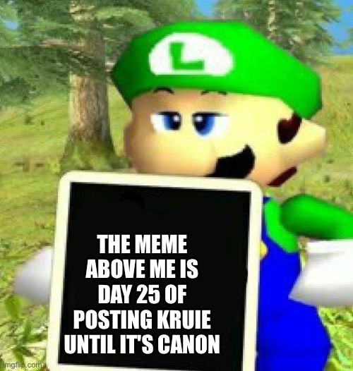 Luigi holding a sign | THE MEME ABOVE ME IS DAY 25 OF POSTING KRUIE UNTIL IT'S CANON | image tagged in luigi holding a sign | made w/ Imgflip meme maker