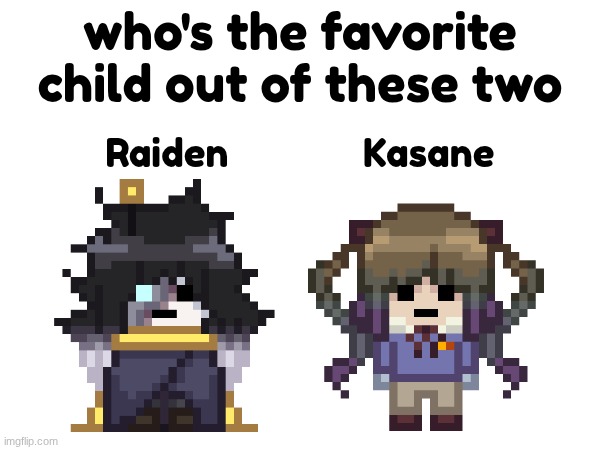 favorite child? | who's the favorite child out of these two; Raiden              Kasane | image tagged in e | made w/ Imgflip meme maker