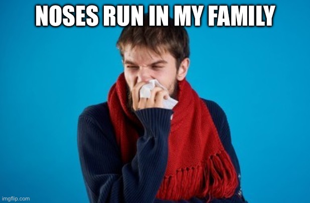 It’s hereditary | NOSES RUN IN MY FAMILY | image tagged in sick runny nose covid,nose,hereditary,bad pun | made w/ Imgflip meme maker