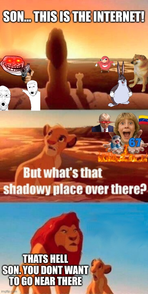 internet in 2025: | SON... THIS IS THE INTERNET! THATS HELL SON. YOU DONT WANT TO GO NEAR THERE | image tagged in memes,simba shadowy place,brainrot,donald trump,old memes | made w/ Imgflip meme maker