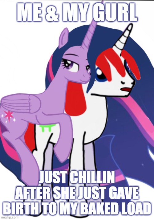 Me & My Gurl | ME & MY GURL; JUST CHILLIN AFTER SHE JUST GAVE BIRTH TO MY BAKED LOAD | image tagged in l money x twilight sparkle,twilight sparkle,l money,my little pony,mlp fim,funny | made w/ Imgflip meme maker