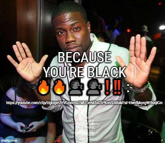Link in comment, this was a video me and my bro made almost a year ago, and we both consider it OUR masterpiece | BECAUSE YOU'RE BLACK 🔥🔥🗣️🗣️❗‼️ :; https://youtube.com/clip/UgkxpeUVVGmozuuZMUTavM3aD5PKonSl4RuM?si=HwvfMqngWt9uqiCm | image tagged in kevin hart hands up | made w/ Imgflip meme maker