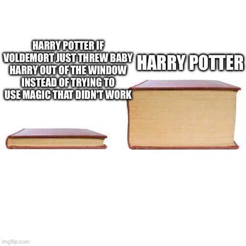small big book | HARRY POTTER IF VOLDEMORT JUST THREW BABY HARRY OUT OF THE WINDOW INSTEAD OF TRYING TO USE MAGIC THAT DIDN'T WORK; HARRY POTTER | image tagged in small big book | made w/ Imgflip meme maker