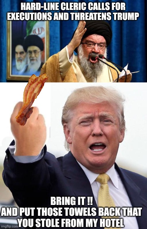 Iran memes | HARD-LINE CLERIC CALLS FOR EXECUTIONS AND THREATENS TRUMP; BRING IT !!
AND PUT THOSE TOWELS BACK THAT YOU STOLE FROM MY HOTEL | image tagged in donald trump middle finger | made w/ Imgflip meme maker