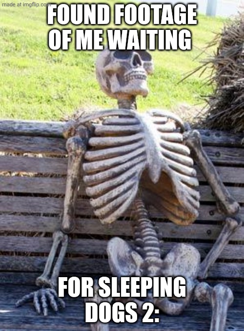 GIVE US SLEEPING DOGS 2 | FOUND FOOTAGE OF ME WAITING; FOR SLEEPING DOGS 2: | image tagged in memes,waiting skeleton,sleep,skeleton | made w/ Imgflip meme maker