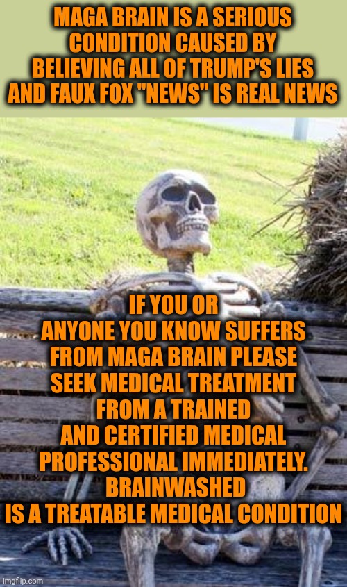 Brainwashed | MAGA BRAIN IS A SERIOUS CONDITION CAUSED BY BELIEVING ALL OF TRUMP'S LIES AND FAUX FOX "NEWS" IS REAL NEWS; IF YOU OR ANYONE YOU KNOW SUFFERS FROM MAGA BRAIN PLEASE SEEK MEDICAL TREATMENT FROM A TRAINED AND CERTIFIED MEDICAL PROFESSIONAL IMMEDIATELY.  BRAINWASHED
IS A TREATABLE MEDICAL CONDITION | image tagged in memes,waiting skeleton,brainwashed,maga,trump unfit unqualified dangerous,impeach trump | made w/ Imgflip meme maker