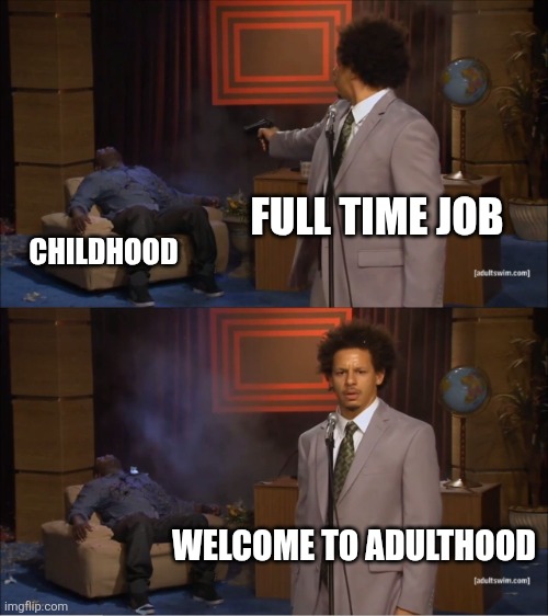 Who Killed Hannibal Meme | FULL TIME JOB CHILDHOOD WELCOME TO ADULTHOOD | image tagged in memes,who killed hannibal | made w/ Imgflip meme maker