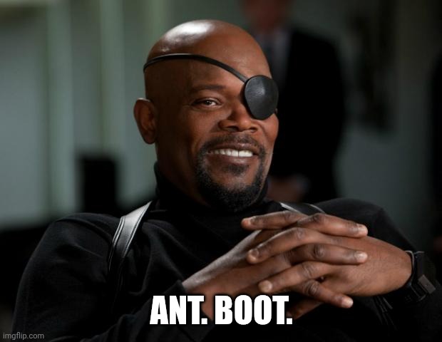 Nick Fury | ANT. BOOT. | image tagged in nick fury | made w/ Imgflip meme maker