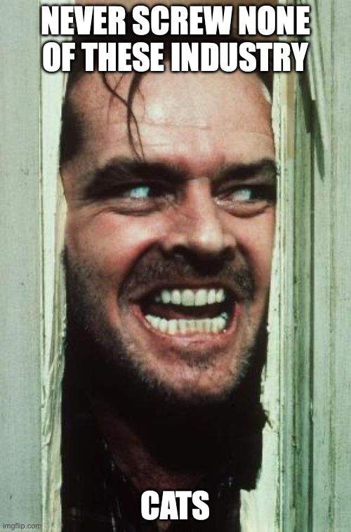 Here's Johnny Meme | NEVER SCREW NONE OF THESE INDUSTRY; CATS | image tagged in memes,here's johnny | made w/ Imgflip meme maker