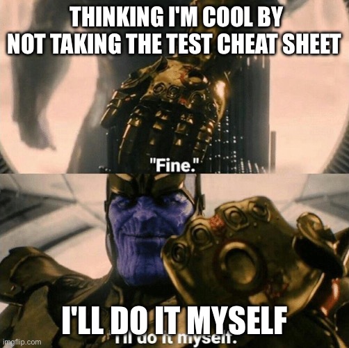 Fine I'll do it myself | THINKING I'M COOL BY NOT TAKING THE TEST CHEAT SHEET; I'LL DO IT MYSELF | image tagged in fine i'll do it myself | made w/ Imgflip meme maker