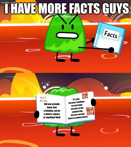 Gelatin's Book of Facts | I HAVE MORE FACTS GUYS; it’s only because, Zolalings are just baby versions of the original Zola, but you can find them in random places. Did you actually know, that a Zolaling, can be a sphere, square, or anything? Well | image tagged in gelatin's book of facts | made w/ Imgflip meme maker