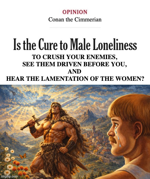 Conan's Life Tips | Conan the Cimmerian; TO CRUSH YOUR ENEMIES, 
SEE THEM DRIVEN BEFORE YOU, 
AND 
HEAR THE LAMENTATION OF THE WOMEN? | image tagged in loneliness,cure,male,cure to male loneliness | made w/ Imgflip meme maker