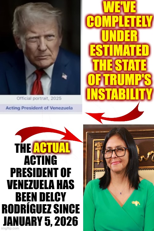 Trump Is NOT President of Venezuela.  What Kind Of Moron Would Believe That Obvious Lie?   We're Gonna Need A Bigger Rubber Room | WE'VE COMPLETELY UNDER ESTIMATED THE STATE OF TRUMP'S INSTABILITY; THE ACTUAL ACTING PRESIDENT OF VENEZUELA HAS BEEN DELCY RODRÍGUEZ SINCE JANUARY 5, 2026; ACTUAL | image tagged in memes,toxic masculinity,impeach trump,trump unfit unqualified dangerous,special kind of stupid,maga | made w/ Imgflip meme maker