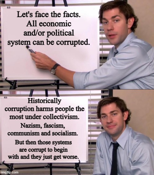 The free market has the ability to correct itself from corruption, if left alone.  We don't have a free market anymore. | Let's face the facts.
All economic and/or political system can be corrupted. Historically corruption harms people the most under collectivism. Nazism, fascism, communism and socialism. But then those systems are corrupt to begin with and they just get worse. | image tagged in individual liberty is superior to collectivism,the free market is superior to collectivism | made w/ Imgflip meme maker