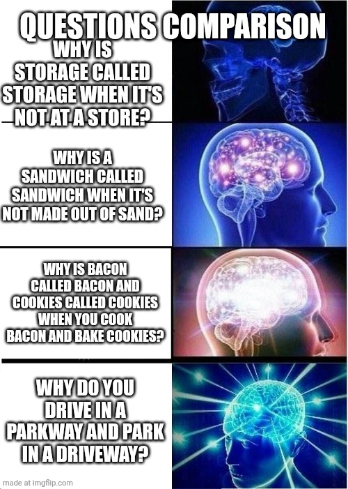 Expanding Brain Meme | QUESTIONS COMPARISON; WHY IS STORAGE CALLED STORAGE WHEN IT'S NOT AT A STORE? WHY IS A SANDWICH CALLED SANDWICH WHEN IT'S NOT MADE OUT OF SAND? WHY IS BACON CALLED BACON AND COOKIES CALLED COOKIES WHEN YOU COOK BACON AND BAKE COOKIES? WHY DO YOU DRIVE IN A PARKWAY AND PARK IN A DRIVEWAY? | image tagged in memes,expanding brain | made w/ Imgflip meme maker