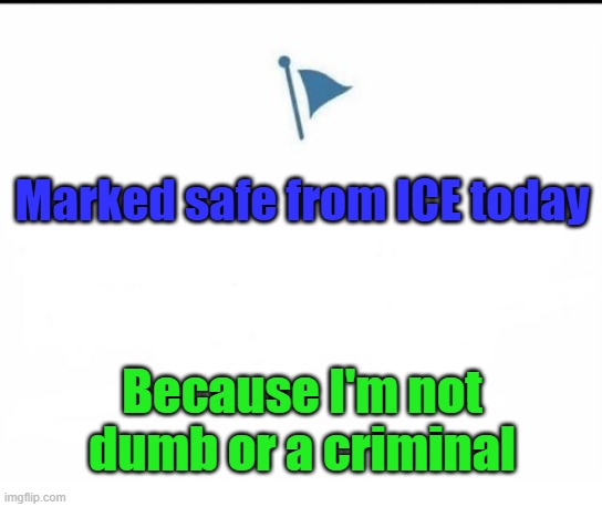 Marked Safe Facebook | Marked safe from ICE today; Because I'm not dumb or a criminal | image tagged in marked safe facebook,ice,illegal immigration,funny meme,deportation,immigrant | made w/ Imgflip meme maker