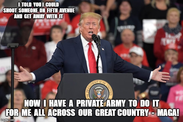 MAGA Values | I  TOLD  YOU I  COULD  SHOOT  SOMEONE  ON  FIFTH  AVENUE  AND  GET  AWAY  WITH  IT; NOW  I  HAVE  A  PRIVATE  ARMY  TO  DO  IT  FOR  ME  ALL  ACROSS  OUR  GREAT COUNTRY  -  MAGA! | made w/ Imgflip meme maker