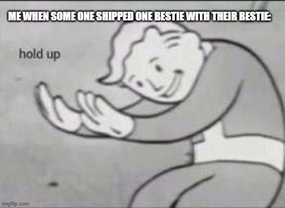 hold up now | ME WHEN SOME ONE SHIPPED ONE BESTIE WITH THEIR BESTIE: | image tagged in fallout hold up | made w/ Imgflip meme maker