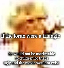 the lowrax | if the lorax were a triangle; he would not be marketable to children bc that's ugly and the movie wouldnt exist | image tagged in the lowrax | made w/ Imgflip meme maker