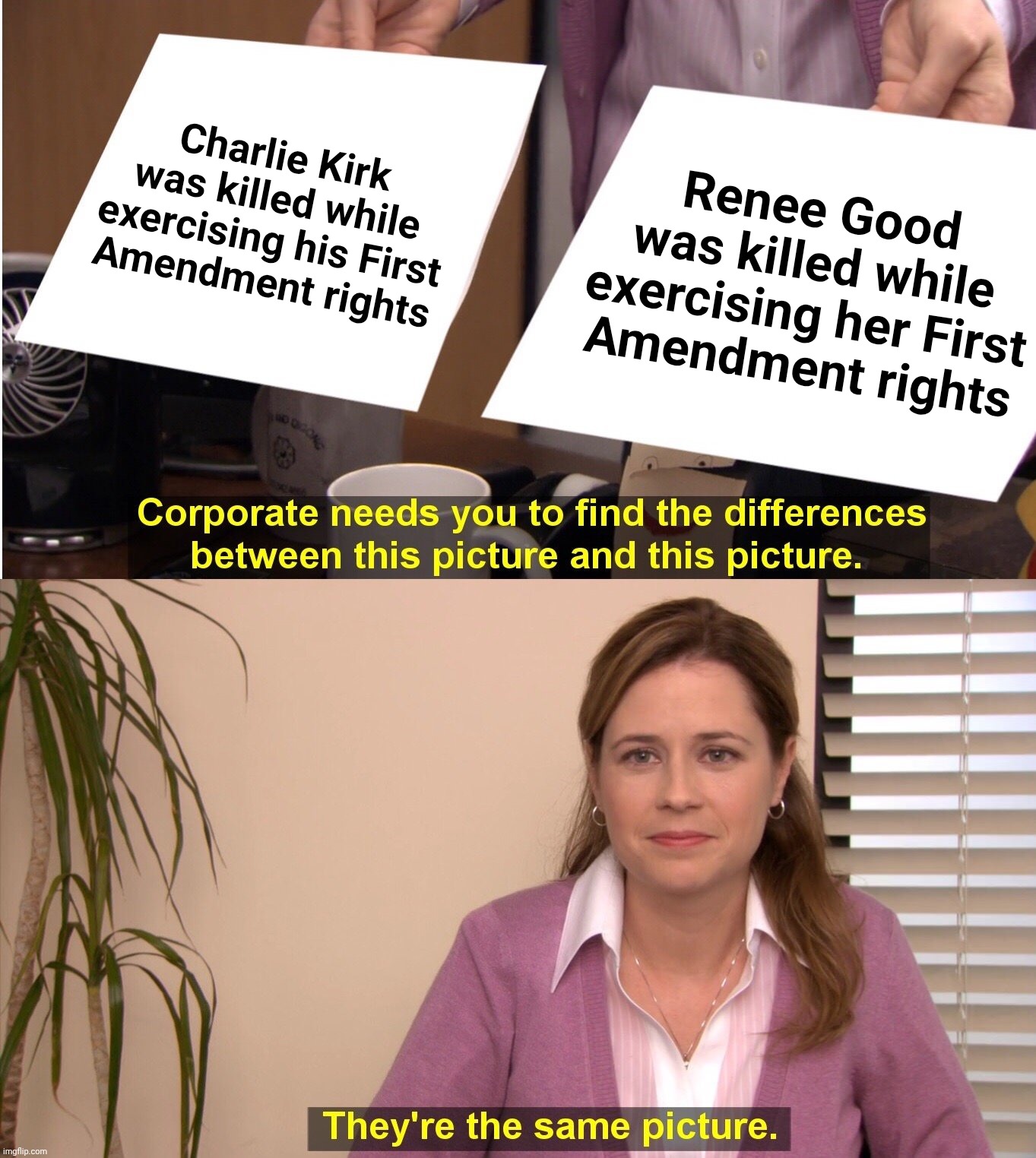 They're The Same Picture | Charlie Kirk was killed while exercising his First
Amendment rights; Renee Good was killed while exercising her First
Amendment rights | image tagged in memes,they're the same picture | made w/ Imgflip meme maker