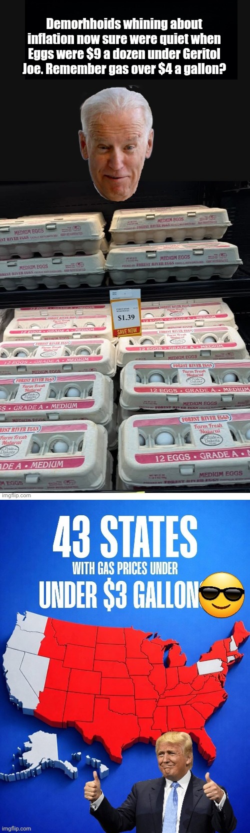 Where were the complaints about inflation when eggs were $9 a dozen and gas was half that per gallon? | Demorhhoids whining about inflation now sure were quiet when Eggs were $9 a dozen under Geritol Joe. Remember gas over $4 a gallon? | image tagged in biden,trainwreck,economy | made w/ Imgflip meme maker