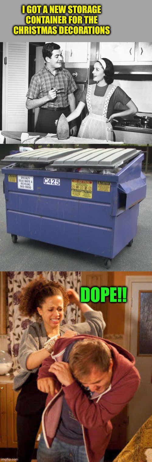 I GOT A NEW STORAGE CONTAINER FOR THE CHRISTMAS DECORATIONS DOPE!! | image tagged in vintage husband and wife,dumpster,battered husband | made w/ Imgflip meme maker